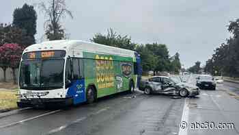 Injuries reported following car crash involving bus in Visalia