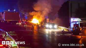 Car overturns and catches fire in M4 motorway crash