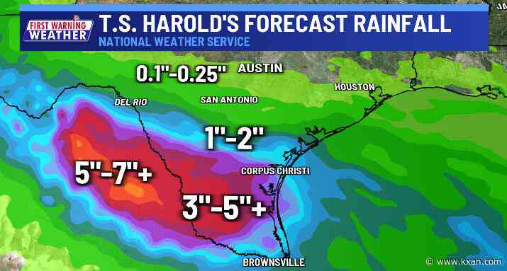 Tropical Depression Harold weakening south of Central Texas