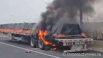 Truck carrying aluminum catches fire on Hwy. 401 near Mississauga
