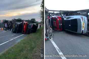 A20 Farningham: Mercedes and Lamborghini transporter overturns