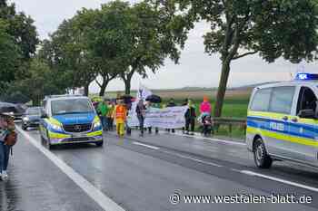 60 Demonstranten auf der Ostwestfalenstraße bei Peckelsheim
