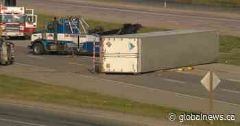 Semi-truck on its side after multi-vehicle crash on Stoney Trail in northeast Calgary