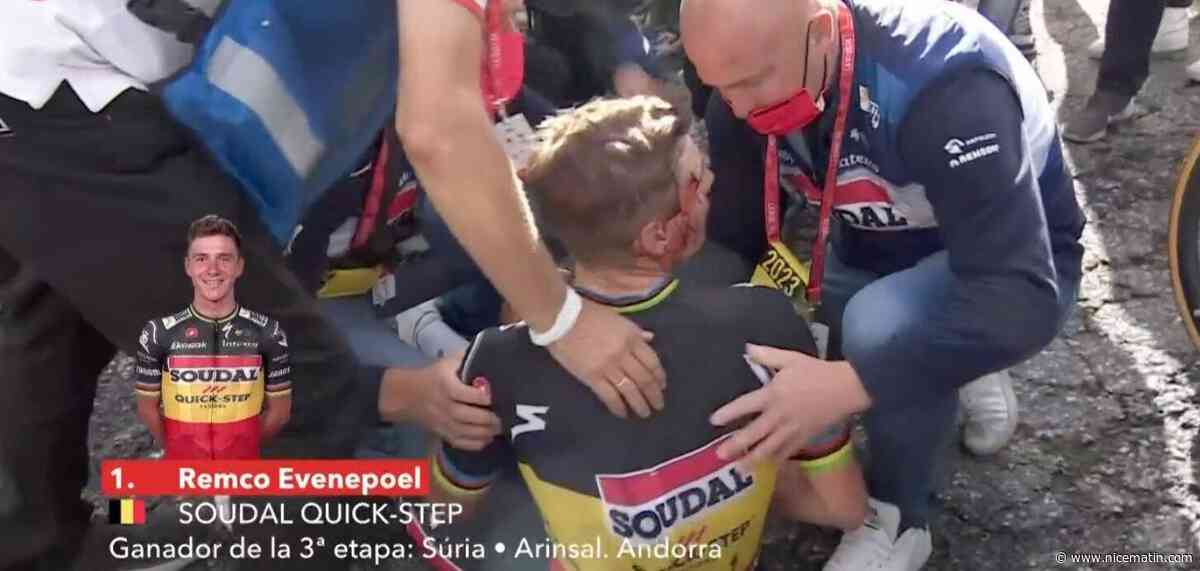 Tour d'Espagne: l'impressionnante chute après la ligne d'arrivée du Belge Remco Evenepoel, vainqueur de la troisième étape