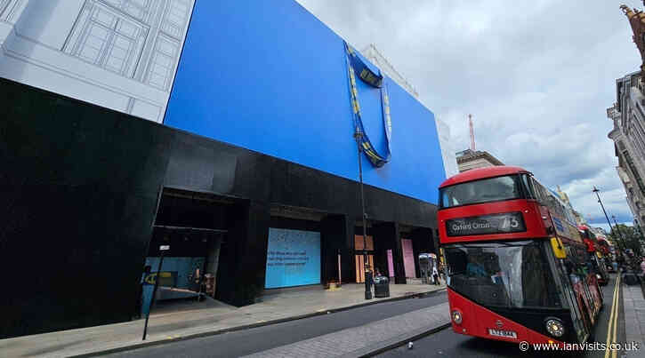 IKEA store on Oxford Street covered in a giant blue bag