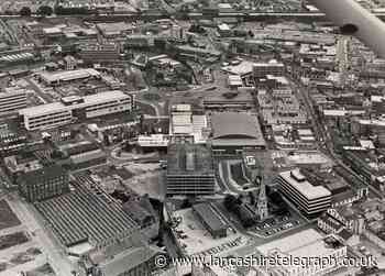 Burnley town centre as seen from the air in 1980 photo