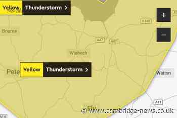Met Office issues a Yellow Thunderstorm warning covering Peterborough, Ely, March and Huntingdon
