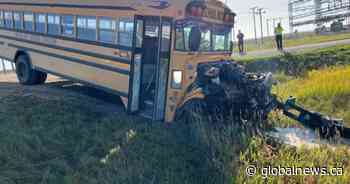Kids safe after school bus, gravel truck crash on Manitoba highway, RCMP say