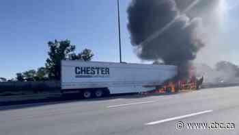 Truck catches fire on QEW near Skyway Bridge in Hamilton