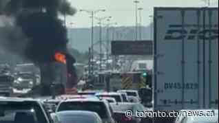 QEW partially closed after vehicle bursts into flames near Hamilton