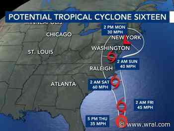 Tropical storm warning east of Triangle due to Potential Tropical Cyclone 16