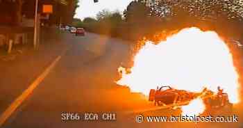Moment bike explodes into flames in horror crash caused by speeding rider