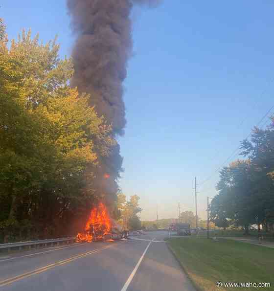All lanes closed after crash outside Angola after semi catches fire