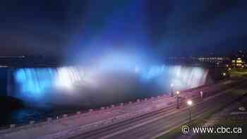 Niagara Falls lights up in blue and white to cheer on the Toronto Blue Jays