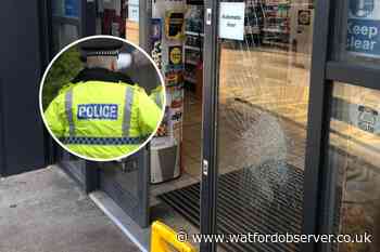 Door smashed in Tesco Express, Prestwick Road, South Oxhey