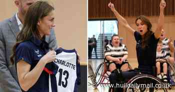 Wonderful moment Princess Kate is handed rugby shirts for George, Charlotte and Louis at Hull FC event