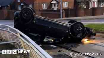 Sheffield trams suspended after car crashes and overturns on tracks