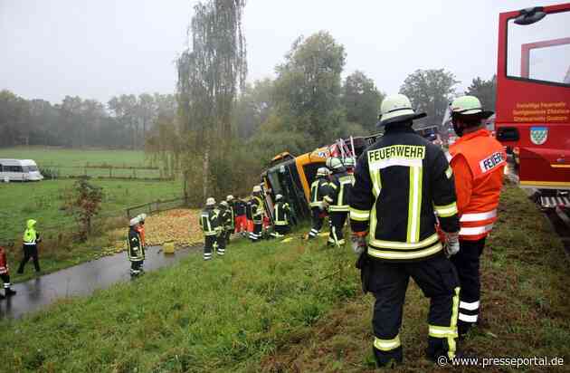 FW Lüchow-Dannenberg: LKW kommt alleinbeteiligt von der Fahrbahn ab +++ Seitenstreifen durch anhaltenden Regen aufgeweicht +++ Fahrzeug kippt zur Seite +++ Fahrer schwer verletzt
