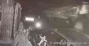 Moment tractor wrecks two cars parked on street is captured on CCTV