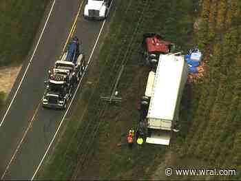 Tractor-trailer on its side on NC 48 in Nash County