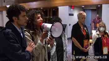 Pro-Palestinian demonstrators hold rally at NDP convention in Hamilton, causing disruption inside building