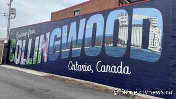 A postcard mural promotes Collingwood, Ont.'s downtown