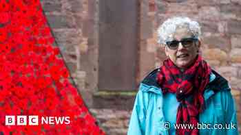 Wellesbourne Remembrance cascade of poppies knitted by villagers
