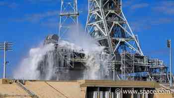 Watch NASA's Artemis 2 mobile rocket launcher get soaked during water deluge test (video)