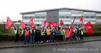 Go North East bus drivers on picket line outside Gateshead depot as they begin continuous strike