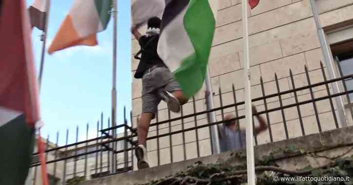 Corteo pro-Palestina a Roma, manifestante si arrampica sul cancello della sede della Fao e strappa la bandiera di Israele
