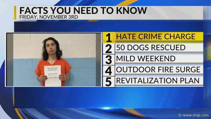 KRQE Newsfeed: Charge enhancement, Dogs rescued, Warmer weather, Outdoor fire surge, Revitalization plan