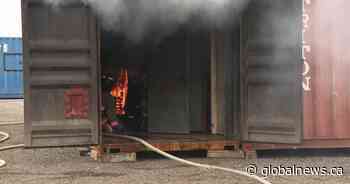 Saskatoon firefighters battle blazing sea-cans during live-training event