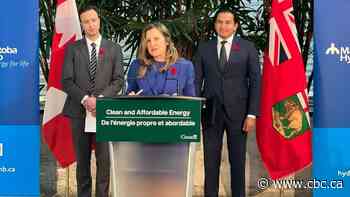 Freeland, Kinew sidestep carbon tax questions as they share podium to announce Hydro projects
