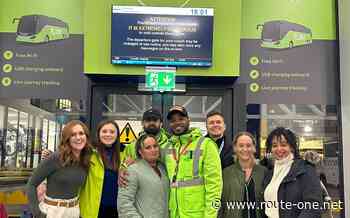 FlixBuss green branding features at Victoria Station