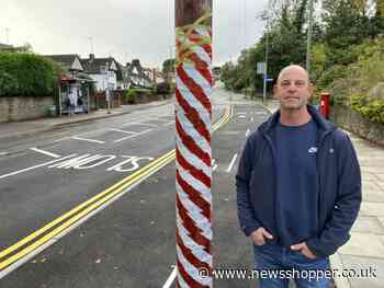 Crofton Road Orpington: Utility pole in cycle lane