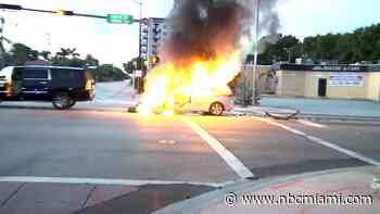 Video shows a car engulfed in flames after a possible traffic collision in West Miami