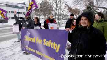 Sask. care home workers rally for new contract outside LutherCare office