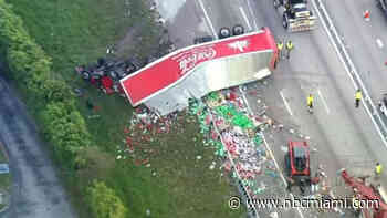 1 hospitalized after rollover crash involving Coca-Cola truck on I-95 in Miami-Dade