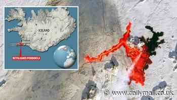 See Iceland's volcanic eruption from SPACE: Dramatic photo snapped by a satellite shows lava seeping into the frozen landscape