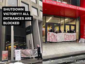 Pro-Palestinian demonstrators block Bronfman Building at McGill University