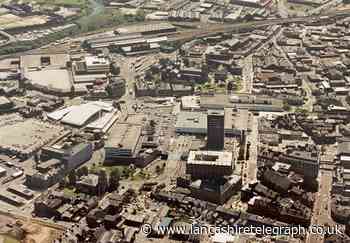 Blackburn town centre from the air reveals many landmarks