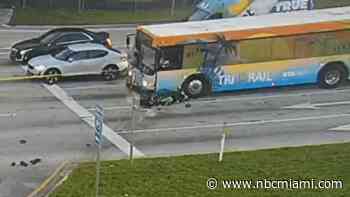 1 hospitalized after crash involving motorcycle, Broward Transit bus near I-95