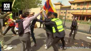 Tibetan activists protest outside Chinese embassy against Foreign Minister Wang Yi's visit
