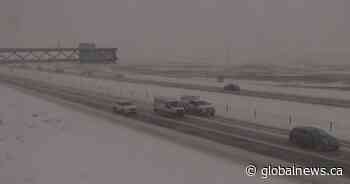 Snowy road conditions in Alberta persist Thursday after 52 collisions on QEII Wednesday