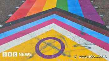 Rainbow zebra crossing defaced with graffiti