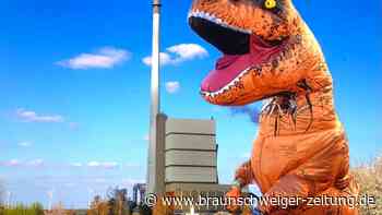 Kletterer entern im Dino-Kostüm Helmstedts Mega-Schornstein