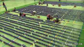 Students, food bank in Battlefords attempting world record mac and cheese box domino topple