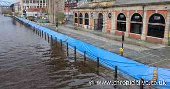 Flood barriers up on Quayside in Newcastle due to flood risk from 'overtopping' River Tyne