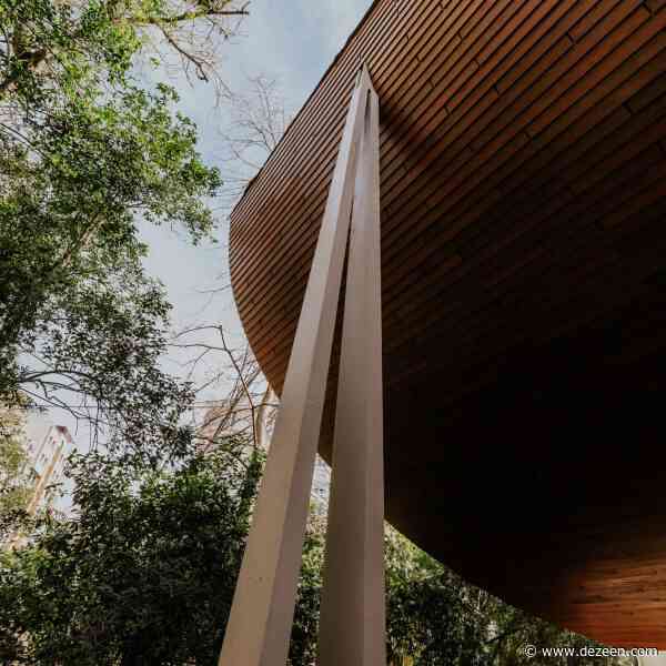 Photos reveal Kengo Kuma's swooping Lisbon museum extension nearing completion