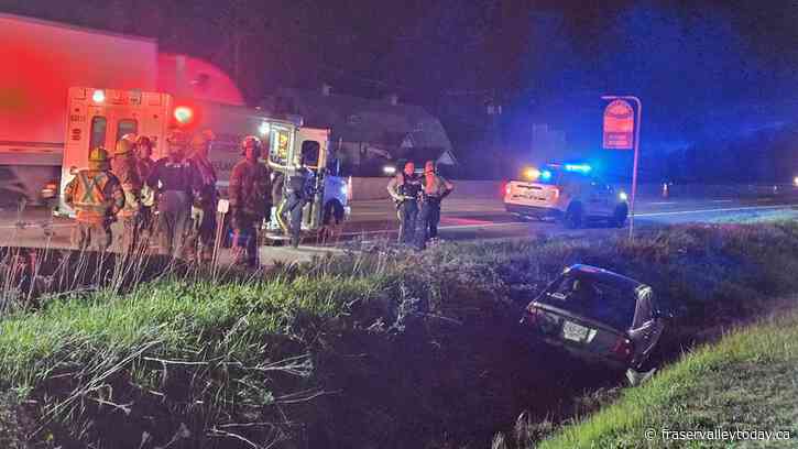 Vehicle crashes into a ditch on Highway 1 Wednesday night; 3rd vehicle crash in a ditch in 3 days in Chilliwack